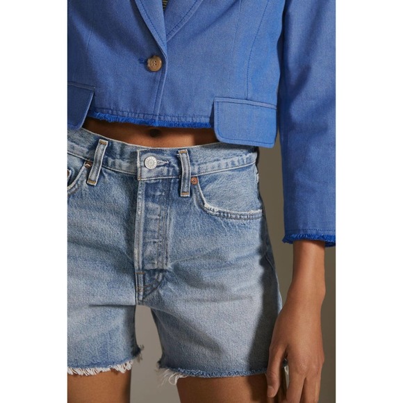 by Anthropologie Cropped Frayed Hem Blazer Blue Single Button Women's Size 2 - Picture 8 of 13